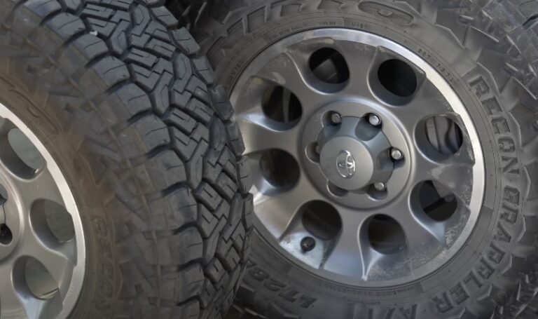 Close-up of an off-road tire and alloy wheel