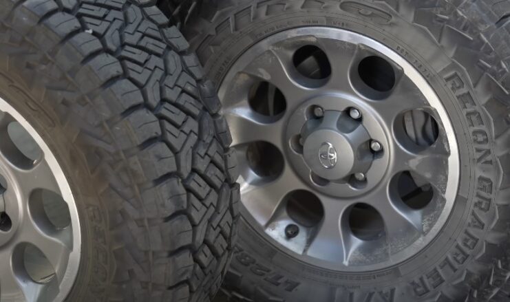 Close-up of an off-road tire and alloy wheel