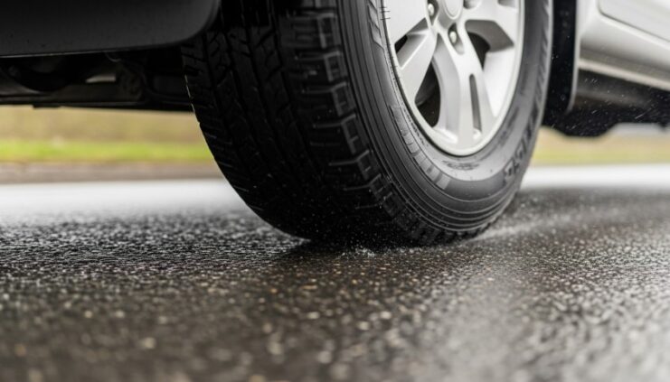 Close up photo of a truck's tire on a wet road